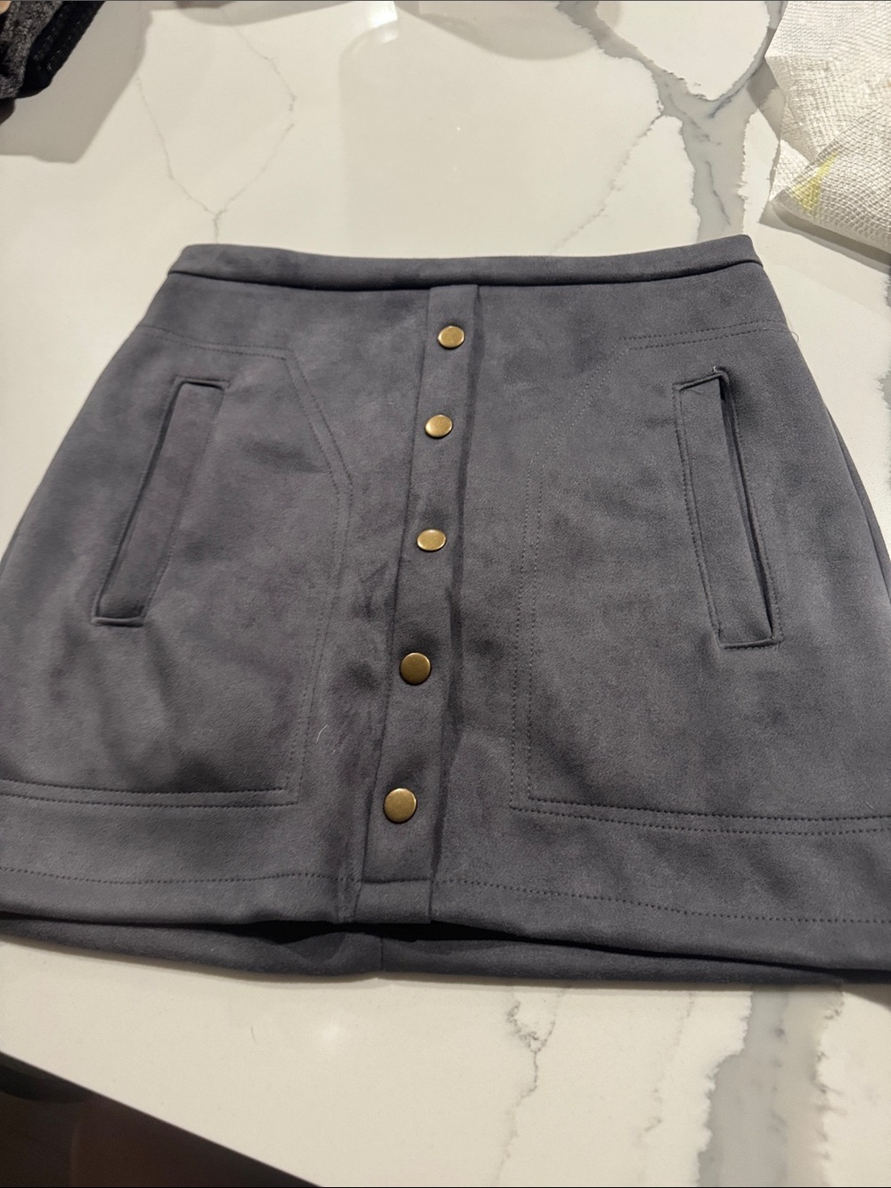 Amazon Gray Button-Front Suede-Look Mini Skirt with Gold Snaps